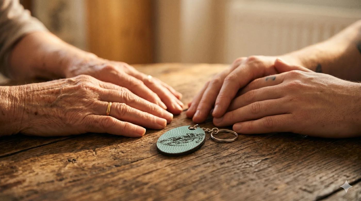 Deux paires de mains, un père et son enfant, autour d'un porte-clé Murmure en bois gravé sur une table en bois