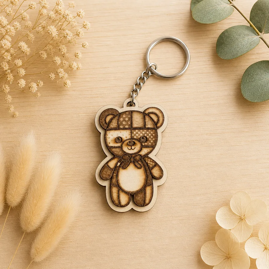 porte-clé ourson bois gravé laser Murmure, cadeau vidéo souvenir personnalisé