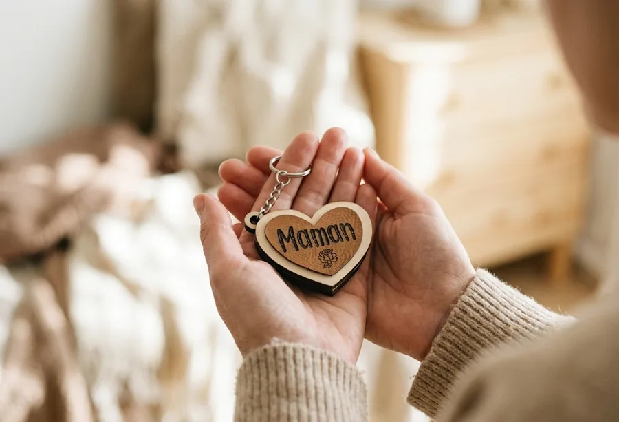 Mains tenant un cœur en bois gravé Maman, cadeau fête des mères Murmure