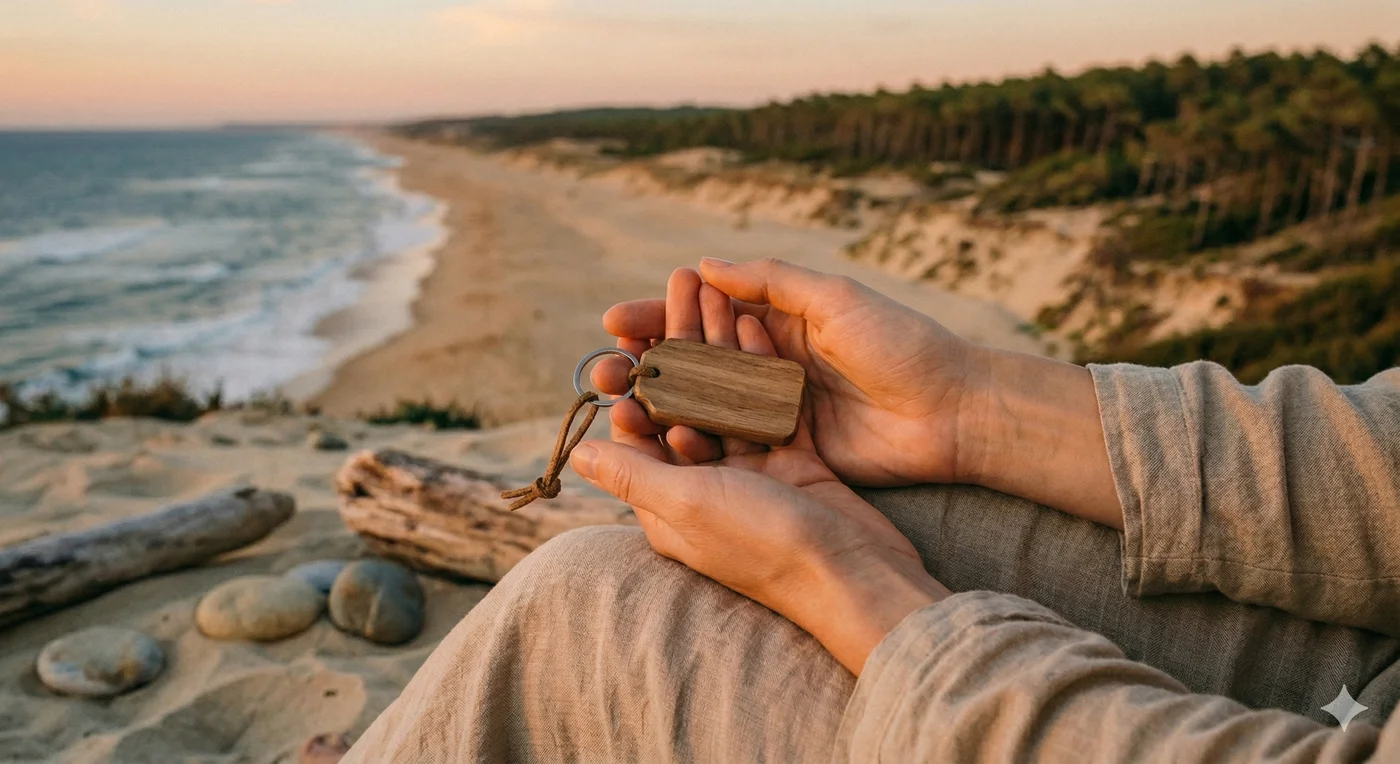 mains tenant un porte clef mumure plage des landes