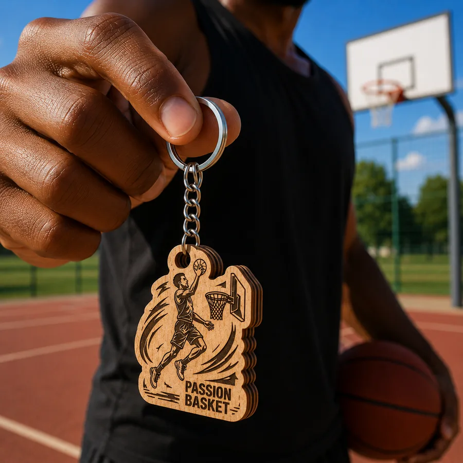 Porte-clé NFC Passion Basket en bois gravé à trois couches de tilleul posé sur un terrain de basket, avec chaîne et anneau métalliques.