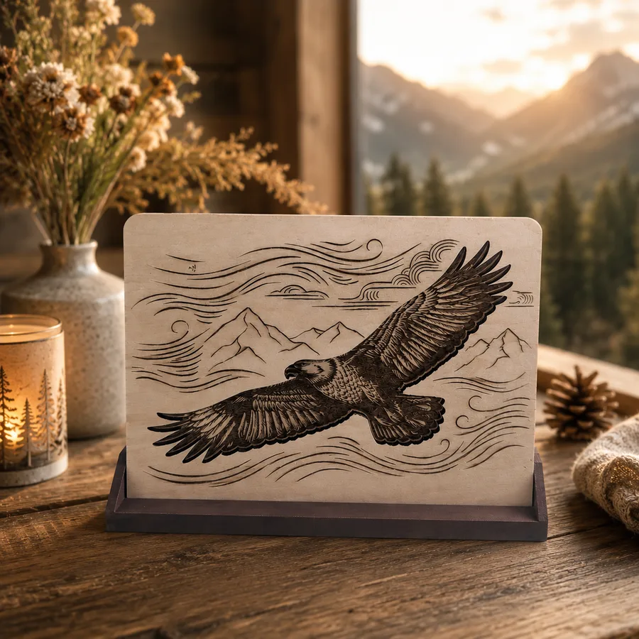 Totem Murmure Le Souffle des Cimes en bois gravé représentant un aigle en plein vol au-dessus des montagnes, symbole de liberté et de transmission des souvenirs.