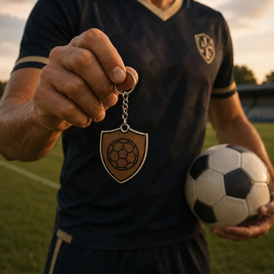 Porte-clé football personnalisé en bois de tilleul et cuir vegan marron tenu par un joueur sur un terrain de football.