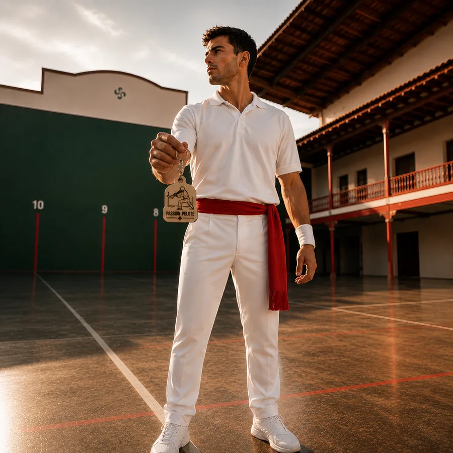Porte-clé NFC Passion Pelote en bois gravé posé à plat sur le sol d'un fronton de pelote basque avec balle et chaîne métallique.
