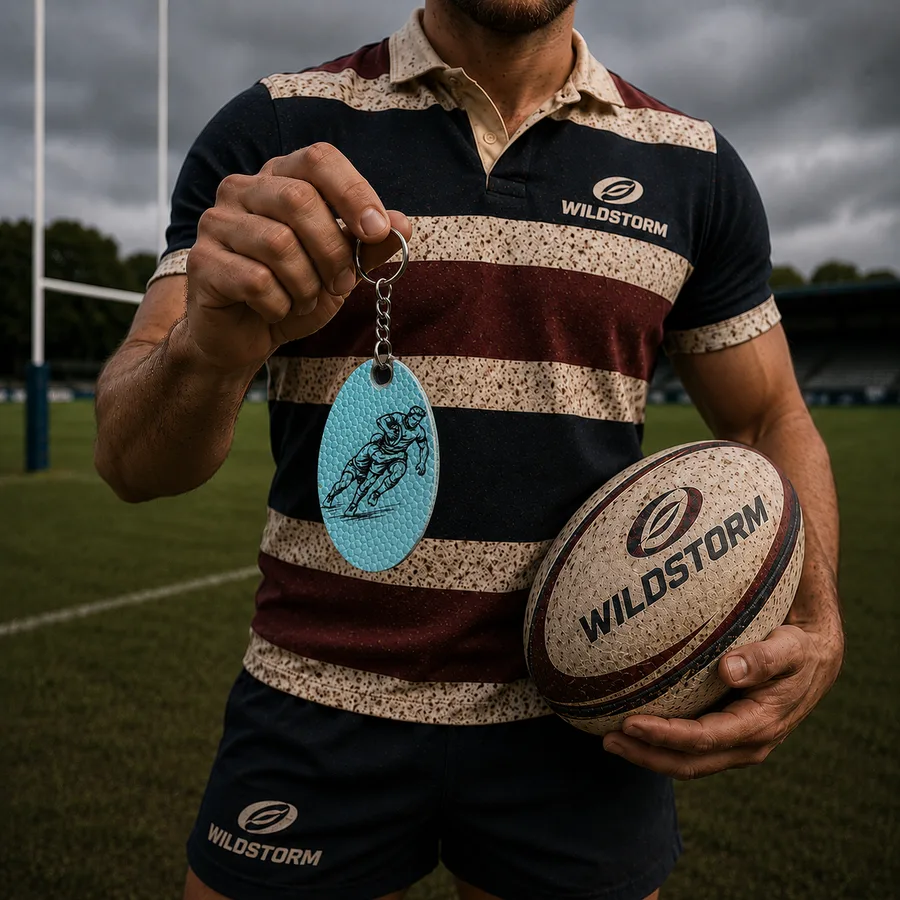 Porte-clé rugby personnalisé en cuir vegan gravé, cadeau original pour joueur de rugby, présenté sur terrain avec ballon.