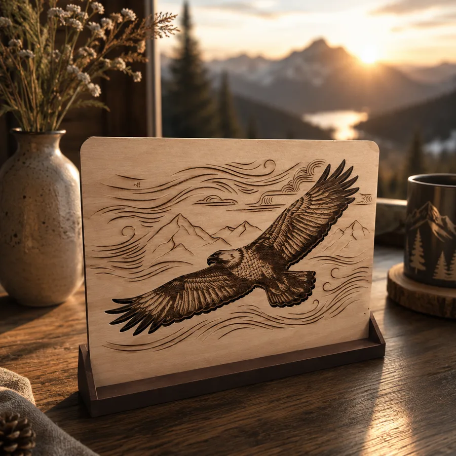 Totem Le Souffle des Cimes en bois gravé mis en scène dans un paysage de montagne sauvage au lever du soleil, avec un aigle survolant les sommets.