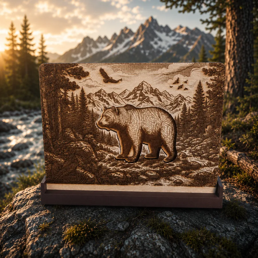 Totem Murmure Le Gardien des Sommets en bois gravé, vue de profil mettant en valeur les trois couches de bois et le relief artisanal dans un décor de montagne sauvage.